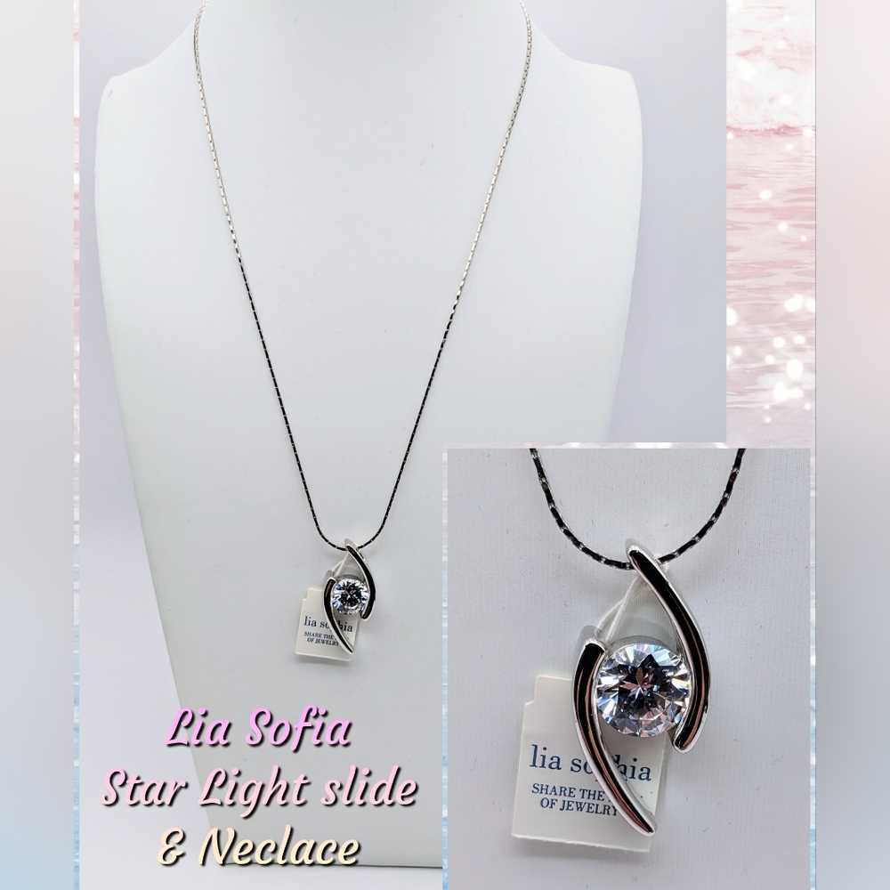 Lia Sophia, NWT, "Star Light" CZ. Silvertone Slide & Necklace